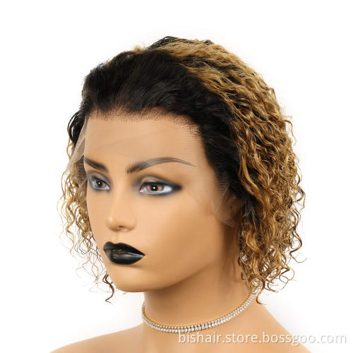 Wholesale curly hair bob head T lace front 1B/27 wig Remy real human hair 13x4 T part short lace front wig suitable for women